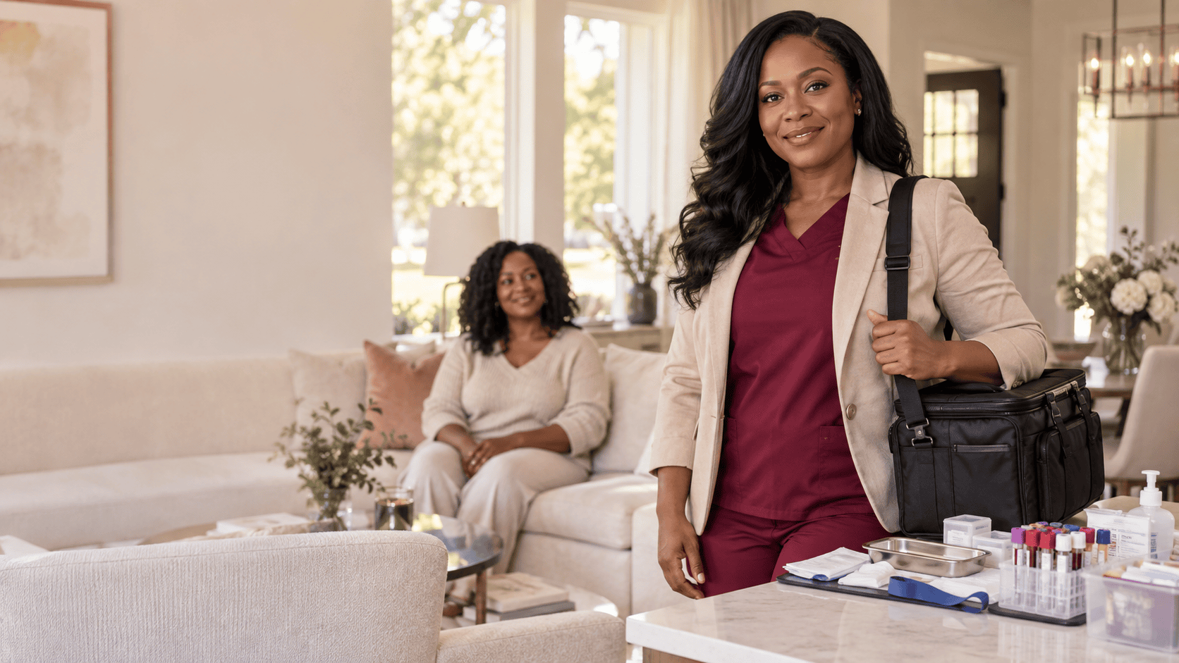 Black woman owner of EOHB Mobile Lab arriving for an in-home appointment