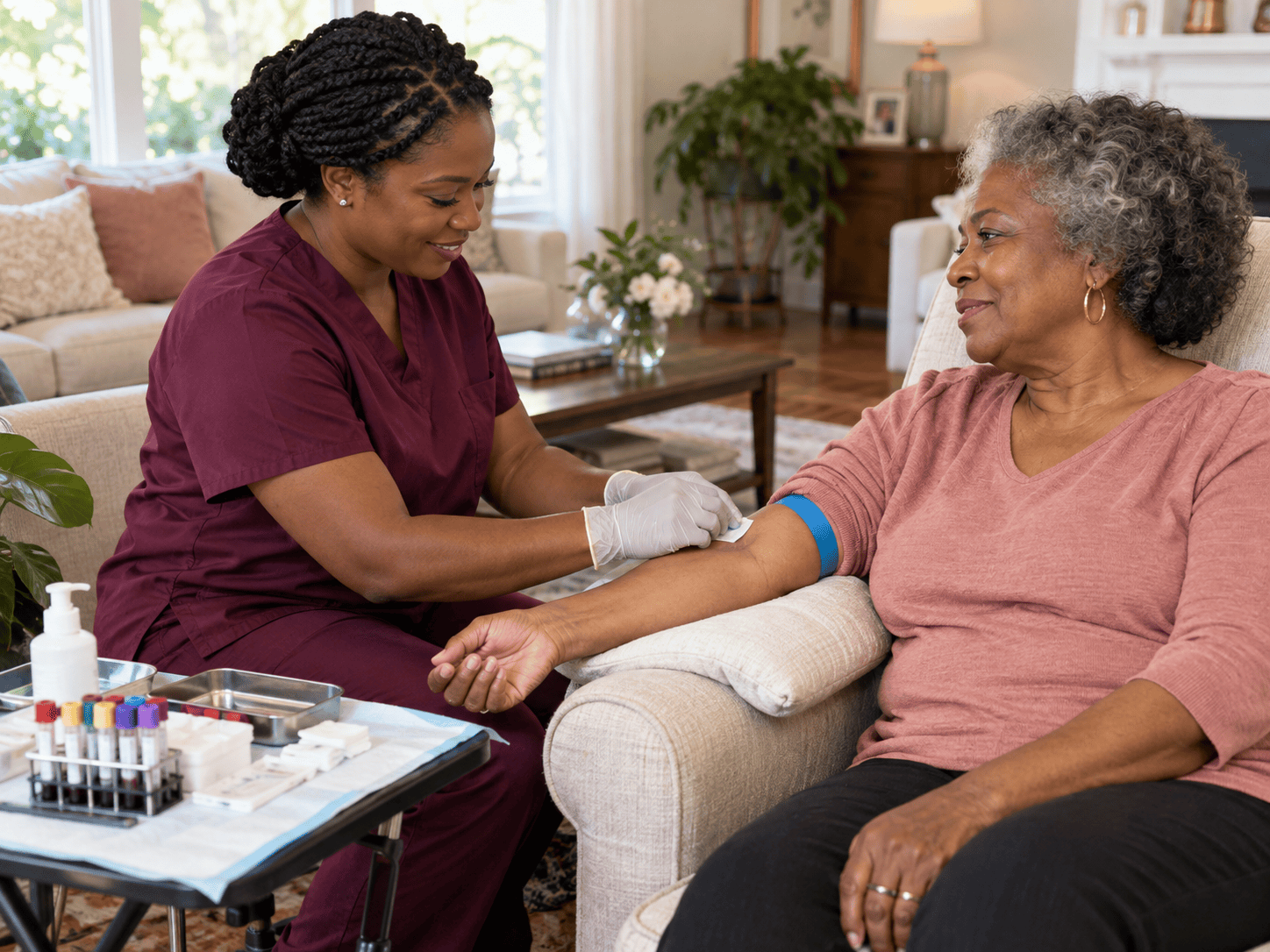 Black woman phlebotomist caring for a senior client during a home blood draw