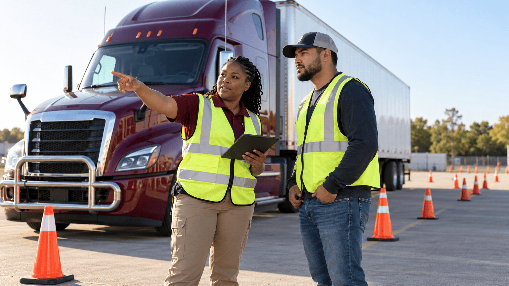 CDL training with an instructor beside a commercial truck