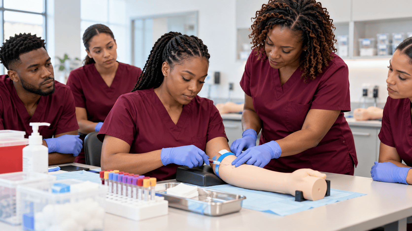 Phlebotomy instructor guiding a student during hands-on training